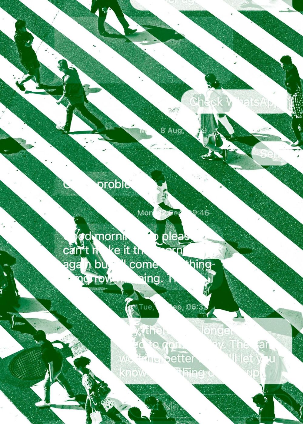 Pedestrians crossing a striped road, overlaid with text messages