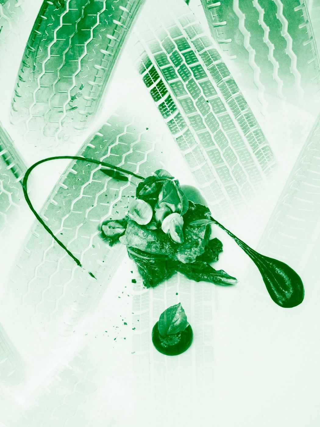 Tire treads and a plated dish, green duotone